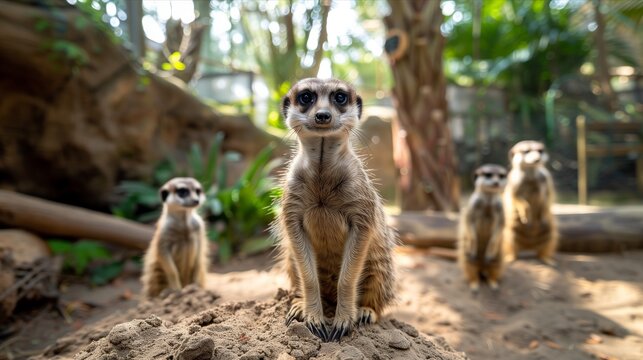 A playful meerkat standing alert with others in the background, showcasing their inquisitive nature in a natural habitat.