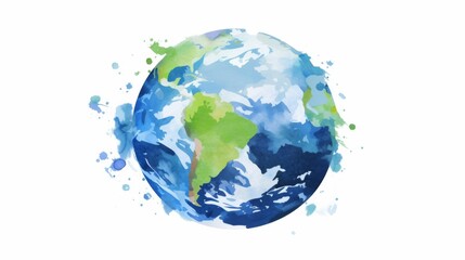 Watercolor hand-painted planet Earth in green and blue colors on a white background. Ideal for patterns, stickers, and decoration.