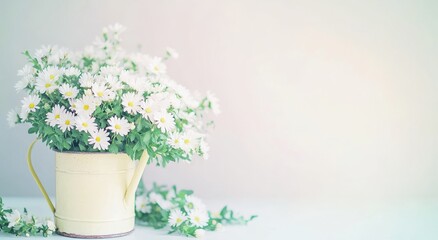 A stunning 3D rendering and illustration featuring spring flowers in a yellow watering can on a yellow backdrop, leaving room for text