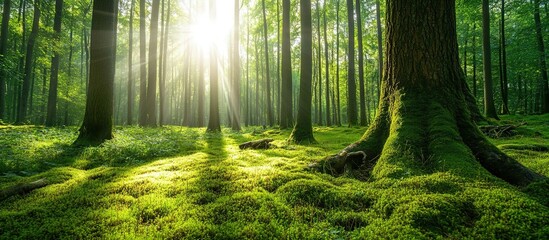 Obraz premium Sun rays through trees in a mossy forest floor.