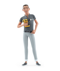 3d character man holding power drill