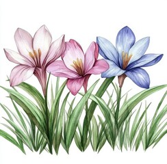 Fototapeta premium Spring flowers are showcased on a white background with hues of yellow and orange daffodils, geocinths, muscari, and onion flowers, portrayed in a watercolor style.