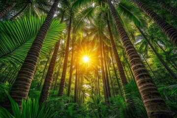Fototapeta premium Nature, forestry, habitat, environment and sustainability concepts In the spring forest, the setting sun's rays filter through the leaves and branches
