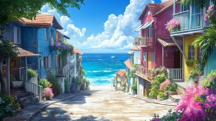 Coastal lane, colorful houses, blooming flowers, ocean view.