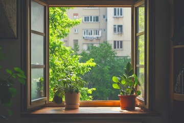 Fototapeta premium Sunlit window, potted plants, leafy green view.