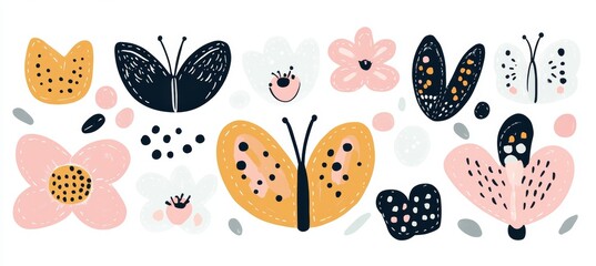 A contemporary set of spring Easter flowers and insects illustrated in a flat design, isolated on a white background.
