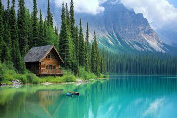 Fototapeta premium Wooden cabin, turquoise lake, tranquil mountain scene.