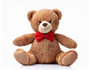 A soft brown teddy bear with a red bow tie, sitting upright, isolated on white.