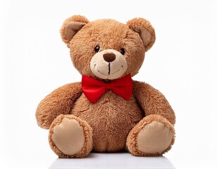 Obraz premium A soft brown teddy bear with a red bow tie, sitting upright, isolated on white.