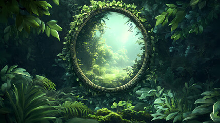 An enchanting mirror surrounded by lush greenery, offering a glimpse into a mystical world, bathed in soft natural light. Glimpse. Illustration