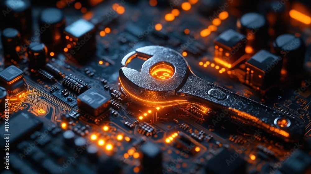 Poster Futuristic Digital Wrench Floating Above Circuit Board with Glowing Binary Code for AI Maintenance and Equipment Diagnostics