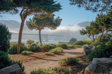 A serene landscape featuring lush greenery, fog, and a bridge in the background, perfect for nature lovers.