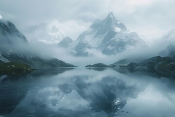 A serene mountain landscape shrouded in mist, reflecting beautifully on a calm lake, evoking tranquility and peace.