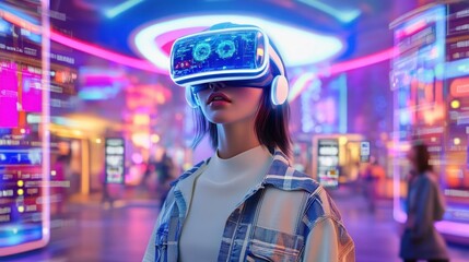 Futuristic Virtual Reality Scene with Young Woman in VR Headset Exploring Digital 3D Universe and Holographic Interfaces