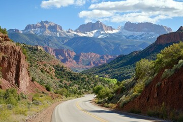 Naklejka premium Mountain road winds through canyon, snow-capped peaks.