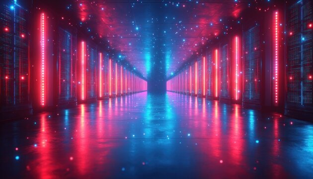 Futuristic Data Storage and SQL Database Queries with Neon Lights and Cyberpunk Aesthetics