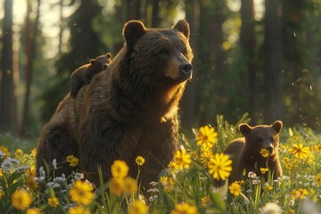 A serene scene of a mother bear and two cubs exploring a vibrant flower-filled meadow in the forest.