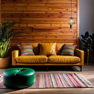 Wnętrze salonu w stylu total wood z drewnianymi panelami na ścianie i na podłodze i ze sk&oacute;rzaną kanapą w odcieniach brązu
