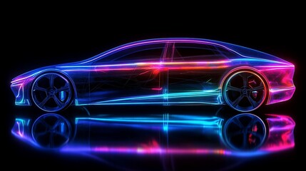 Naklejka premium Neon electric car concept, side profile, dark background, glowing lines.