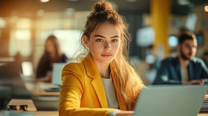 Creative Team Collaborating in Modern Office with Young Female Manager Using Laptop for Brand Strategy