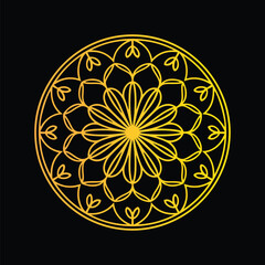 Ornate Gold Mandala Design on Black Background. This elegant, symmetrical mandala design features intricate, gold-outlined floral patterns arranged in a circular motif.