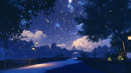Fototapeta premium Night scene: illuminated walkway, bridge, starry sky.