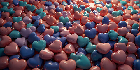 Obraz premium A close up view of a bunch of pastel pink, blue and purple hearts. Perfect for Valentine's Day, 3D Background 
