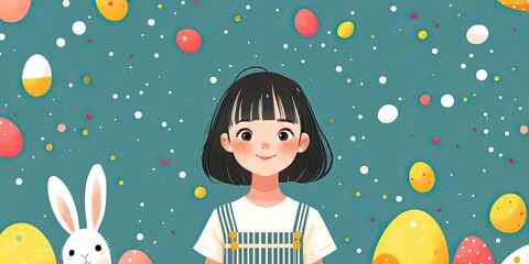 Smiling cartoon girl in striped overalls standing next to a cute white bunny, surrounded by colorful Easter eggs and a playful polka-dot background