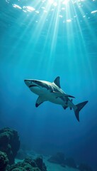 Fototapeta premium Large shark swimming alone on a clear blue ocean background, sea creature, ocean