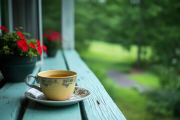 Teacup, saucer, flowers, wooden porch, tranquil view.