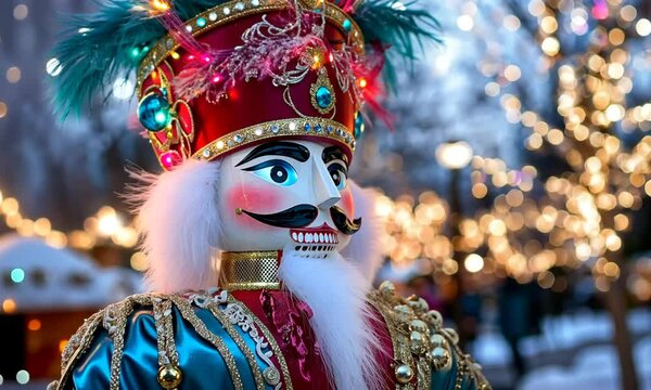 Colorful nutcracker figure in a festive outdoor setting.
