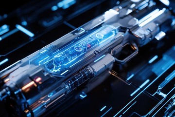 Futuristic weapon design featuring illuminated components and sleek metallic surfaces