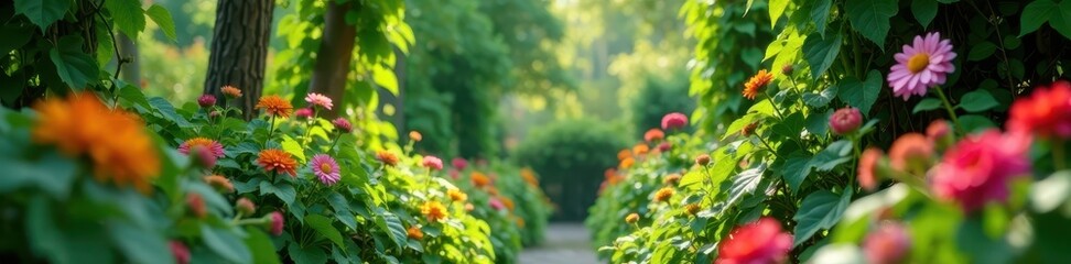 Obraz premium Overgrown garden with vines and flowers, foliage blurred , greenery, flowers