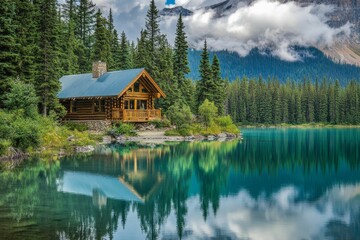 Fototapeta premium Secluded cabin, tranquil lake, majestic mountain reflection.