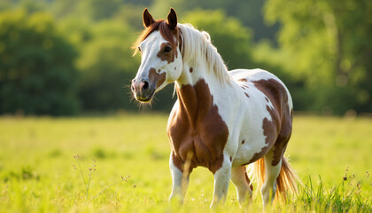 Obraz premium Appaloosa horse with distinctive spotted coat standing majestically in a green meadow, soft morning light illuminating the scene