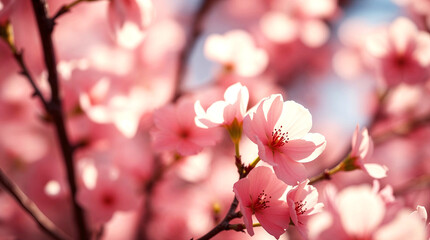 Obraz premium Delicate pink cherry blossoms blooming in sunlight, spring beauty, on blurred background