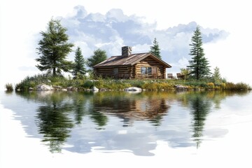 Wooden cabin, island, lake, trees, reflection.