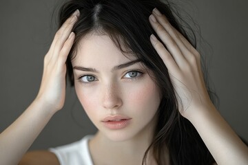 Naklejka premium Worry about Hair Loss Emotional Expression of Asian Woman in Mirror Serious Thinning Balding Scalp Concern Minimalist Portrait