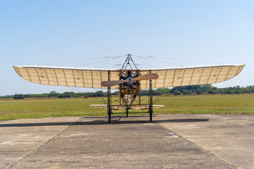 A replica of a Bleriot XI airplane from the prehistory of aviation