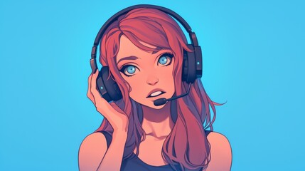 Woman with Microphone and Headphones Cartoon Illustration  