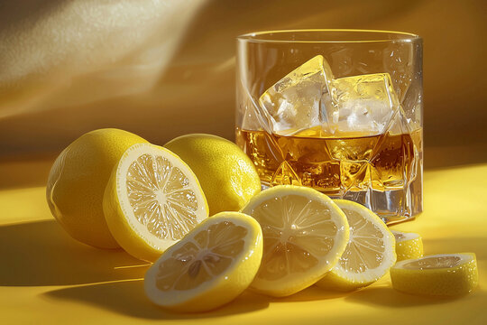 A glass of whiskey with ice and slices of  ​​lemon stand on the table illuminated by the rays of the sun