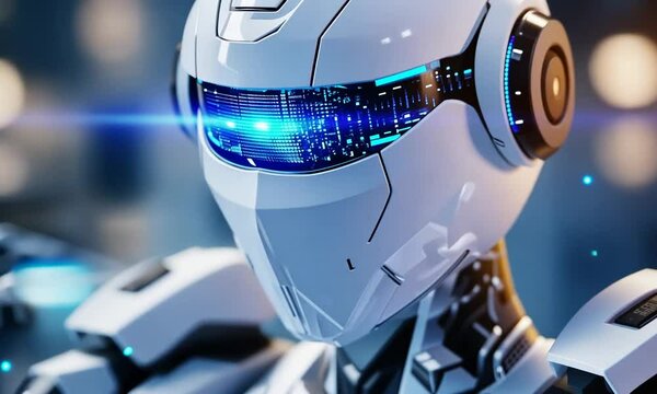 Futuristic robot with a sleek design and glowing visor.
