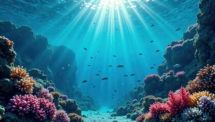 Naklejka premium Underwater scene at waterline with schools of small fish , algae, sea