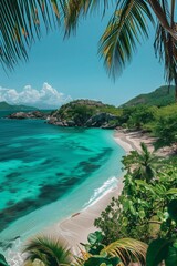 Fototapeta premium A stunning tropical beach with turquoise water surrounded by lush greenery and palm trees under a bright blue sky.