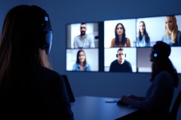 Virtual conference with multiple participants on large screen in a dimly lit room