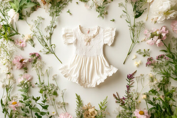 Elegant white baby dress surrounded by delicate floral arrangements, spring baby girl announcement concept 