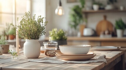 Fototapeta premium Sunlit kitchen table setting with herbs.