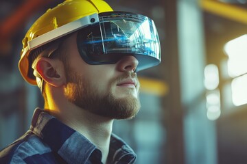 Worker in safety helmet using augmented reality glasses in modern industrial setting