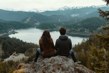 Fototapeta premium Couple sitting on a rocky cliff overlooking a serene lake and forest