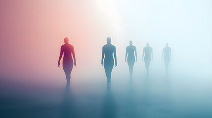 Fototapeta premium Figures walking through a misty environment.